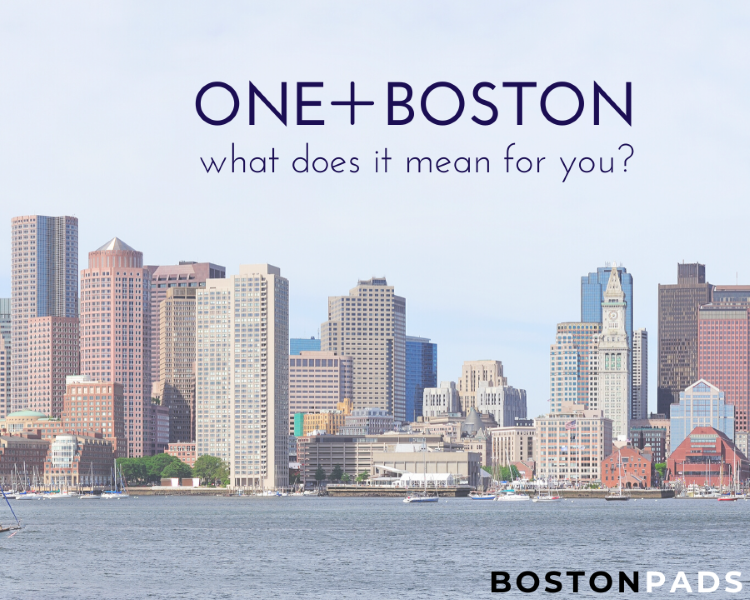 Boston Skyline with words saying What does One Plus Boston Mean for you